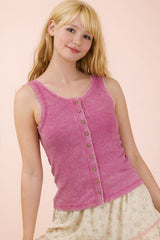 Mineral Wash Button Front Lace Trim Tank Top