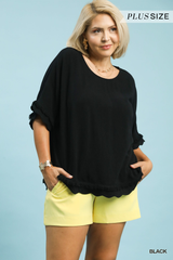 Curvy Black Linen Scalloped Frayed Hem Top