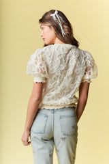 Cream Floral Overlay Sheer Sleeve Top