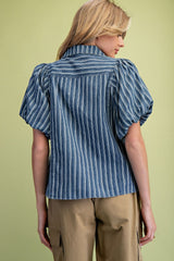 Denim Bubble Sleeve Mineral Wash Top