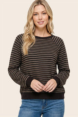 Brown Striped Rib Banded Long Sleeve Top