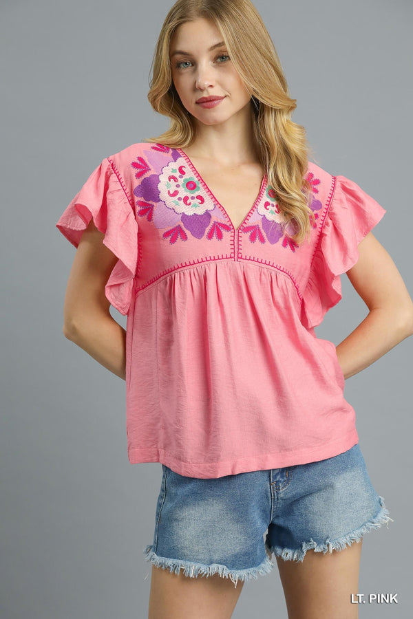 Pink V-Neck Multi Color Embroidery Ruffle Sleeve