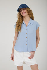 Collared Button Down Short Sleeve Linen  Top