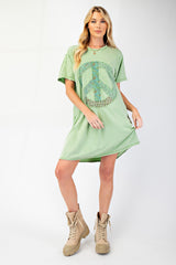 Apple Green Mineral Wash Peace Sign Patchwork Dress
