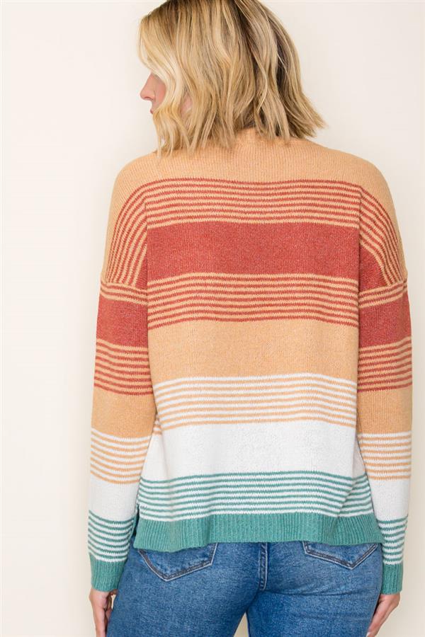 Multi Color Stripe Blocked LS Crew Neck Sweater
