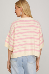 Pink Drop Sleeve Round Neck Striped Knit Sweater