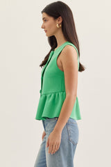 Green Peplum Sleeveless Top With Buttons