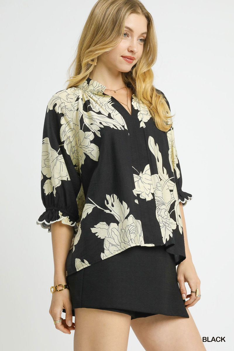 Black Floral Printed V Neck Top