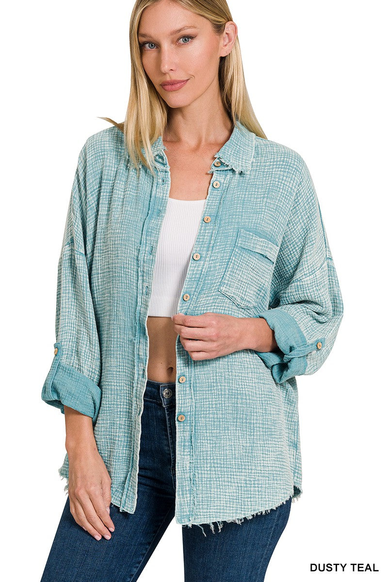 Washed Button Down Shirt with Front Pocket