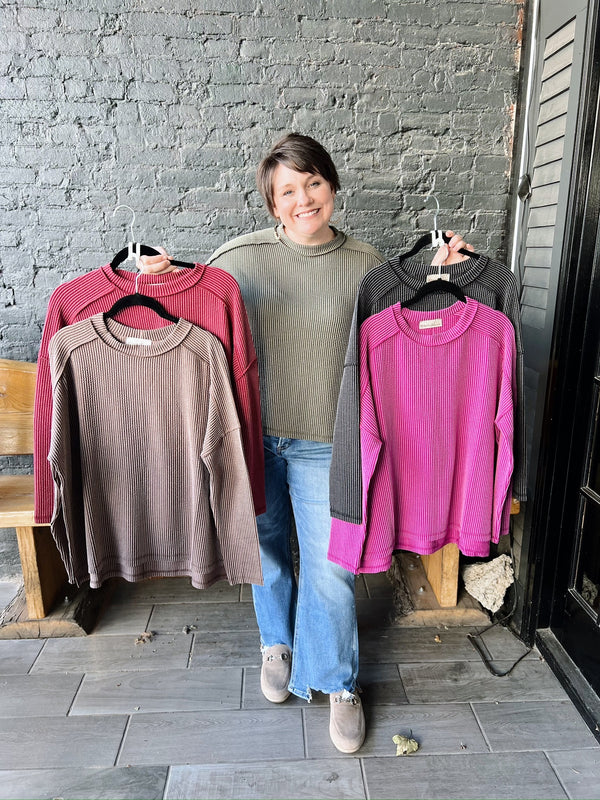 Ribbed Boat Neck With Side Slit Long Sleeve Tee