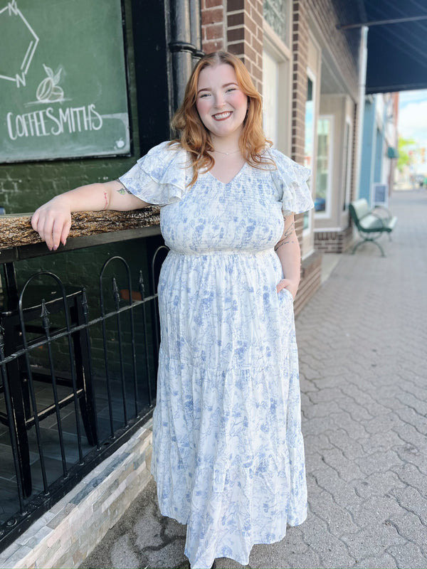 Curvy Blue Floral Print Ruffle Sleeve Dress