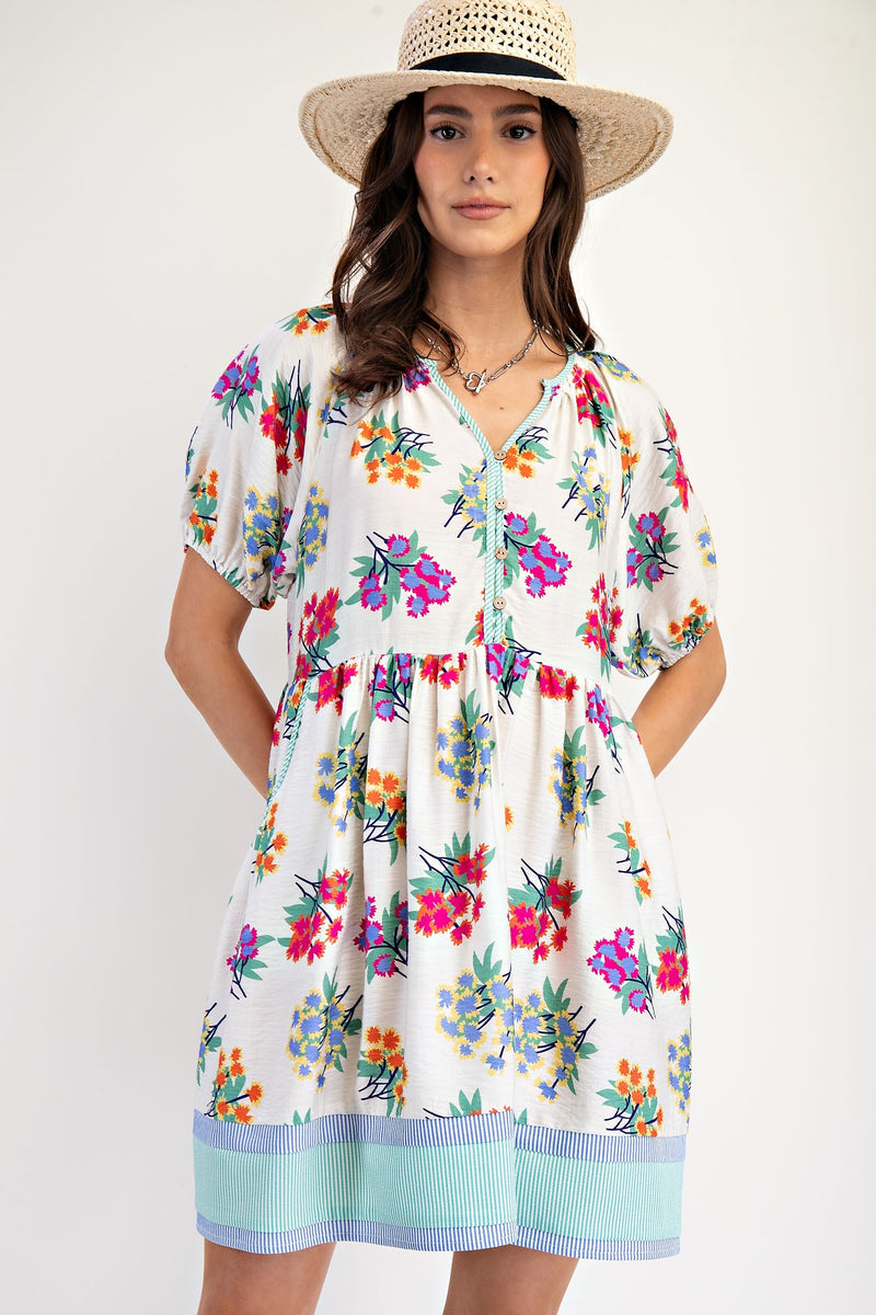Cream and Blue Floral and Stripe Printed Dress