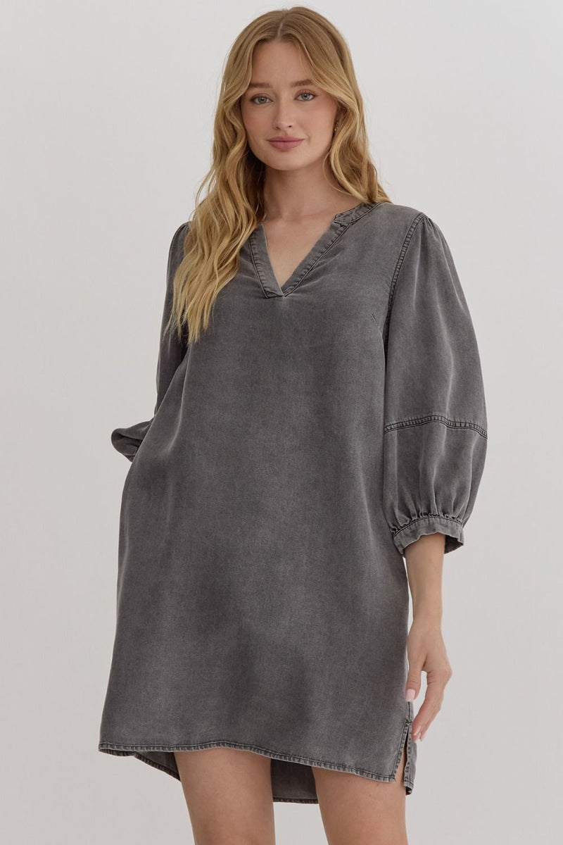 Denim Charcoal 3/4 Balloon Sleeve Dress