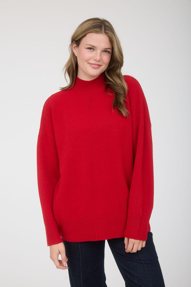 Red Front Seam Mock Neck Sweater