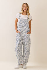 Curvy White and Blue Floral Print Cropped Overalls