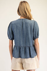 Denim Top with Front Ribbon Tie