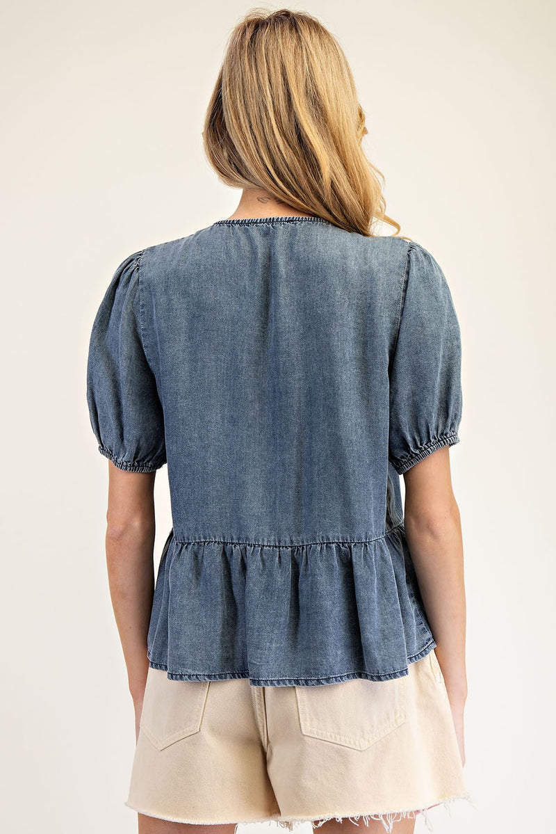 Denim Top with Front Ribbon Tie