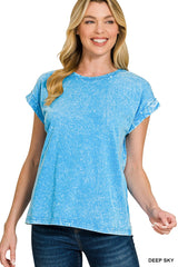 Crinkle Wash Round Neck Folded Short Sleeve Tee