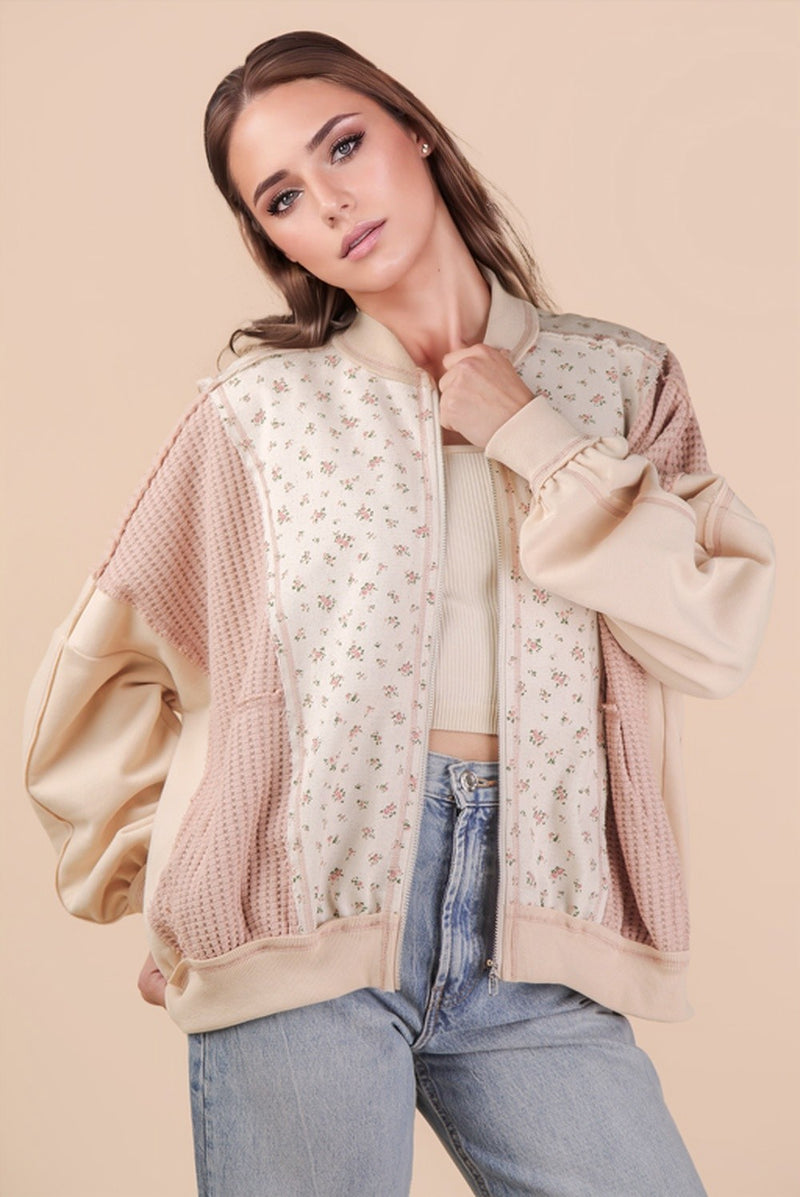 Oatmeal Floral Patchwork Zip Up Jacket