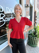 Brick Scalloped Edge Peplum Short Sleeve Sweater