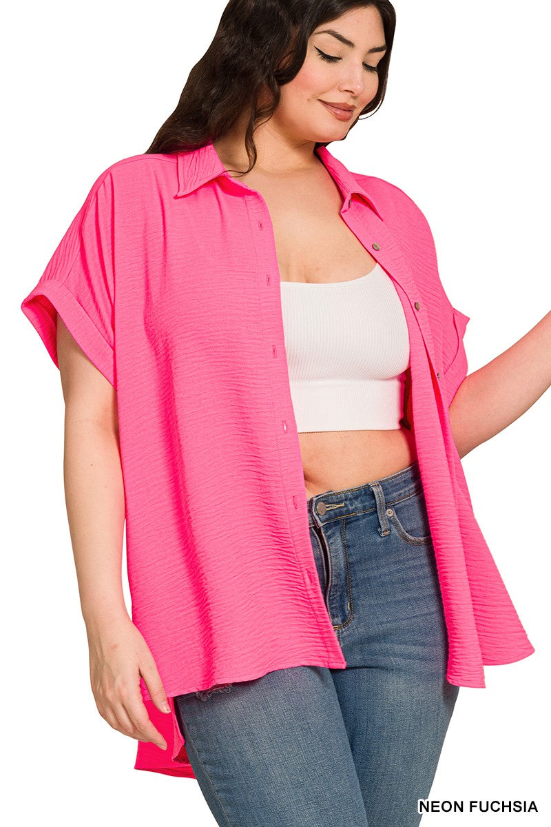 Curvy Hi-Low Button Down Shirt with Side Slit