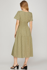 Light Olive Polka Dot Short Sleeve Elastic Waist Dress