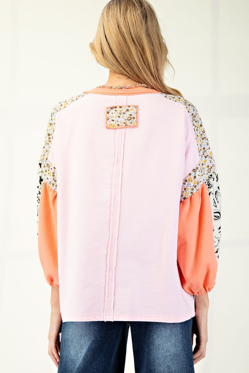 Beige 3/4 Balloon Sleeve Raw Hem Top with Floral Patchwork