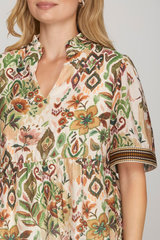 Half Sleeve Woven Print Top W/ Trim Detail on Sleeve