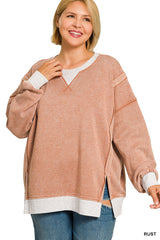 Curvy Fleece Acid Washed Contrast Trim Pullover