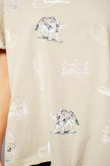 Beige Western Printed Round Neck Short Sleeve Top