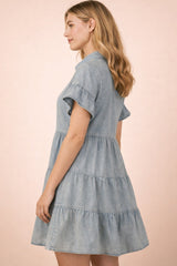 Chambray Ruffled Tiered Shirt Dress