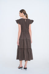 Plaid V Neck Smocked Midi Dress