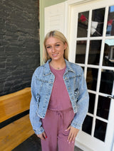 Denim Cropped Jacket with Bow pockets