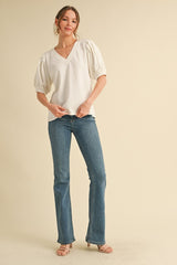 Off White Puff Sleeve V-Neck Top