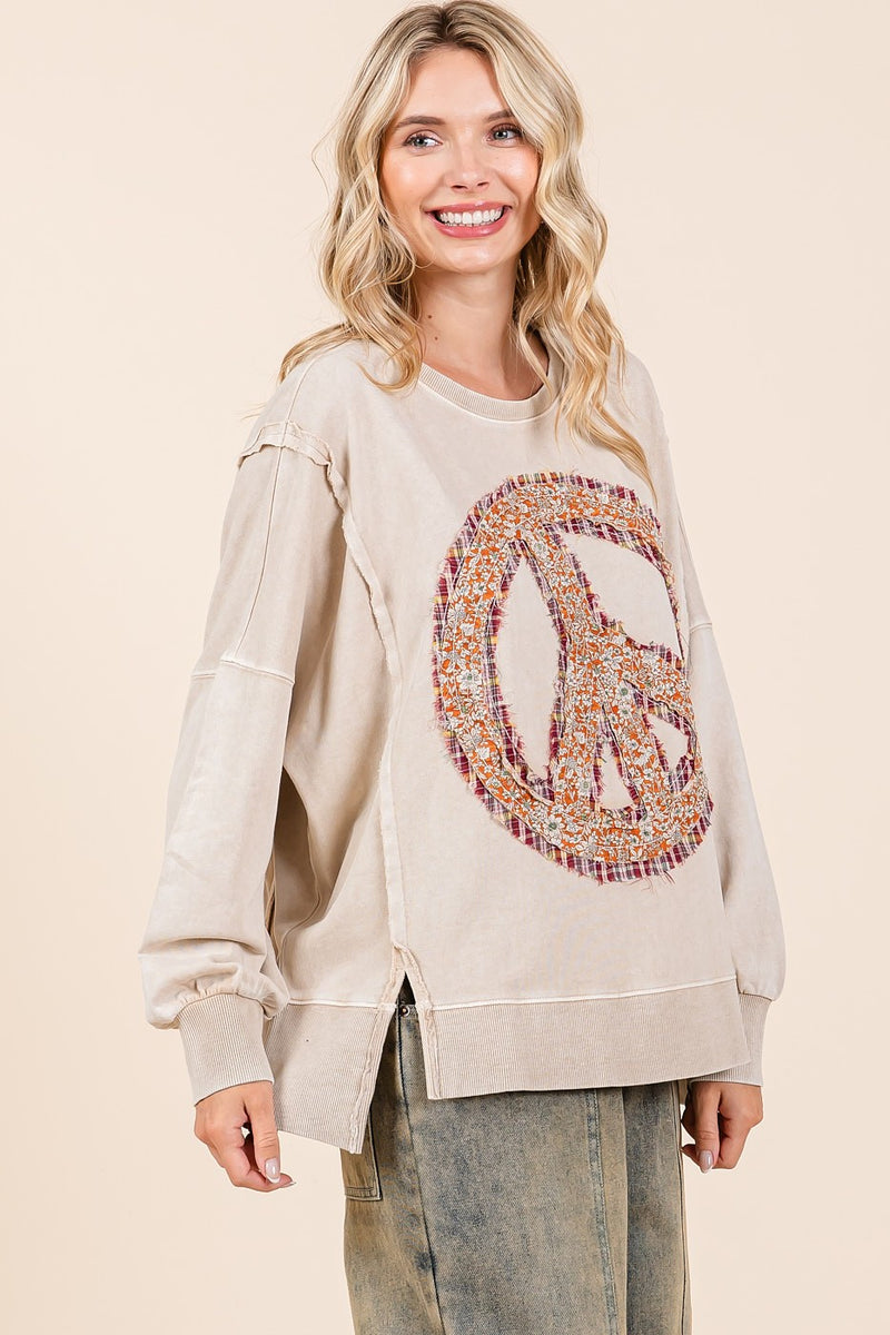 Oatmeal Patchwork Peace Sign Sweatshirt