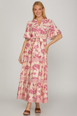 Paisley Short Ruffled Sleeve Tiered Maxi Dress