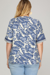 Curvy Blue Printed V-neck Top