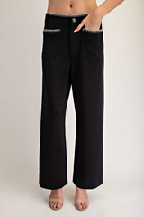 Black Whipstitch Trim Straight Leg Pants