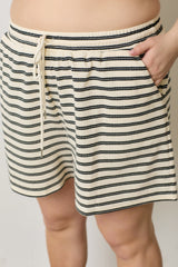 Curvy Ivory Shorts with Black Stripes and Drawstring