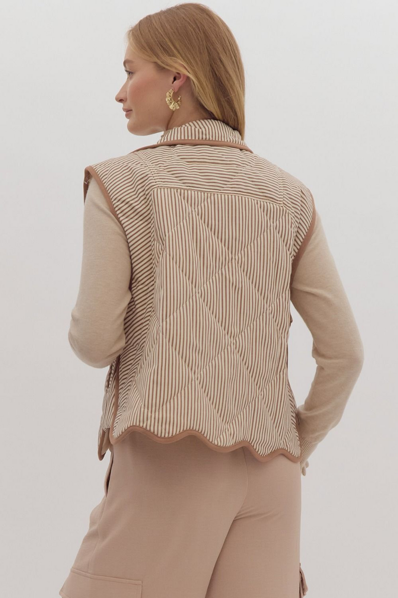 Cream & Brown Striped Vest with Scallop Hem