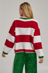 Red and Ivory Wide Stripe Green Contrast Cardigan