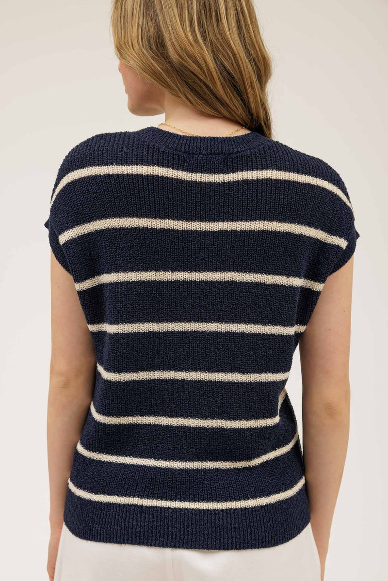 Navy Striped Short Sleeve Knit Sweater