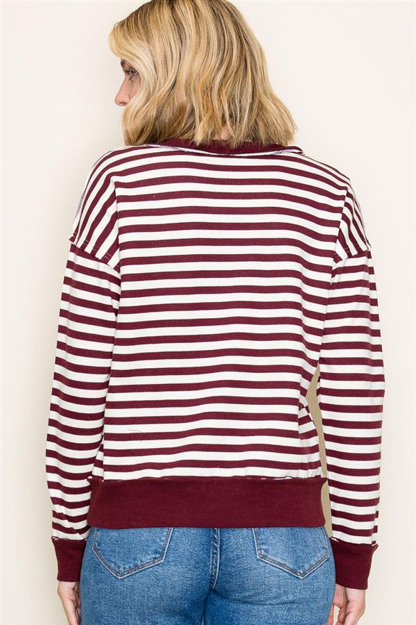 Burgandy Striped Ribbed Snap Button Top