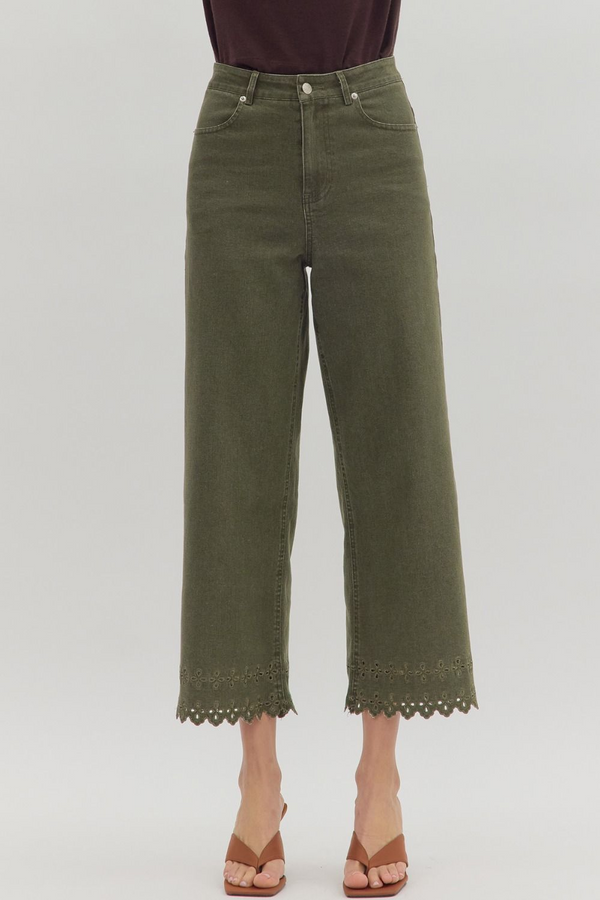 Olive High Waist Crop W/ Floral Embroidered Hem