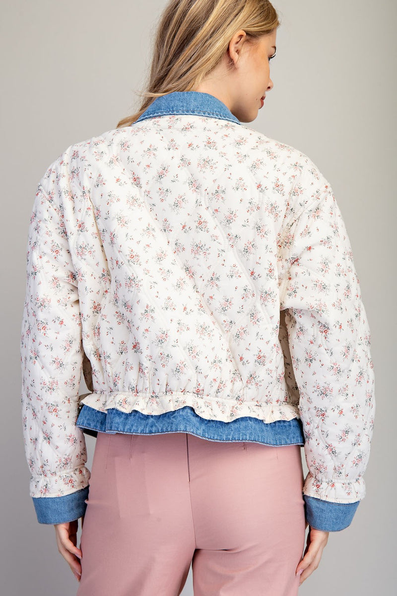 Denim and Floral Quilted Button Down Jacket
