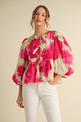 Hot Pink Abstract Floral Top with Bows