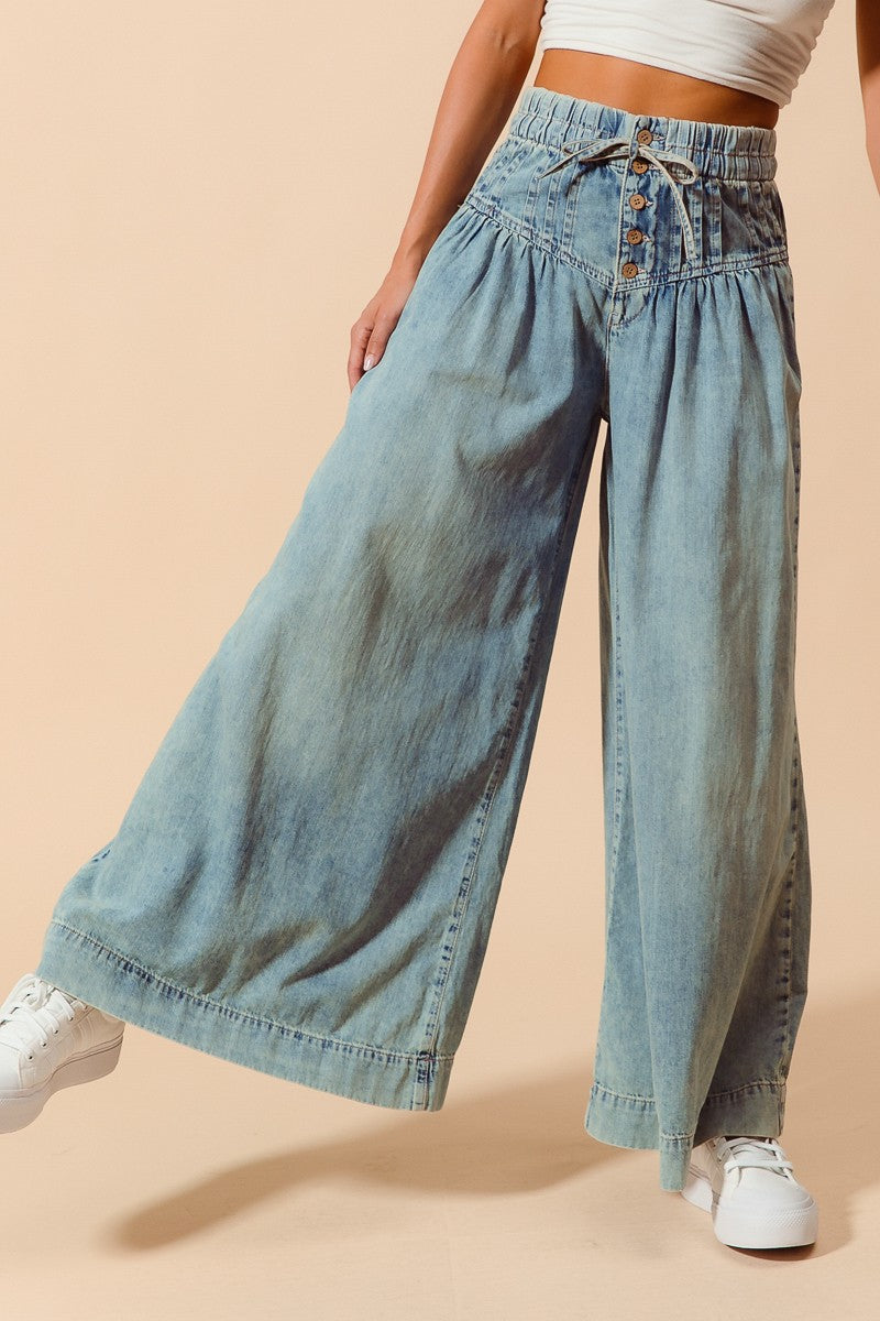 Wide Leg Jeans With Button and Drawstrings