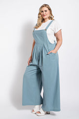 Curvy Light Blue Pintuck Overalls with Pockets