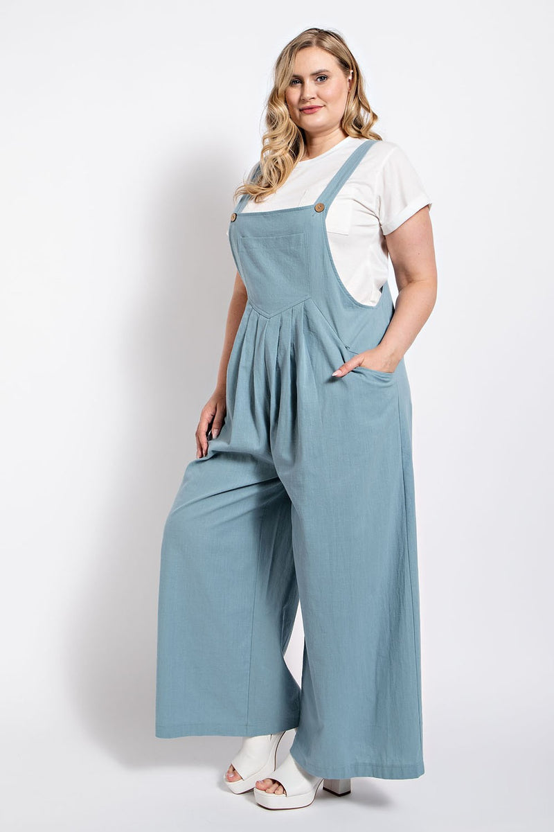 Curvy Light Blue Pintuck Overalls with Pockets