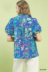 Blue Multi Color Floral Print Flutter Sleeve Top